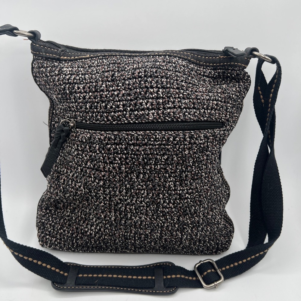 The Sak Crochet Crossbody Bag Black Grey White Knit Adjustable Strap Small